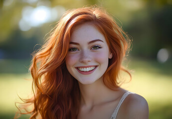 Fototapeta premium A cheerful young woman with vibrant red hair smiles in a sunny outdoor setting, embodying joy and warmth.