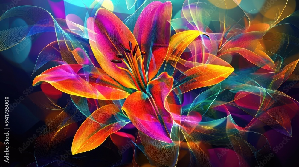 Poster abstract lily with vibrant neon lines and geometric shapes, set against a colorful vector background