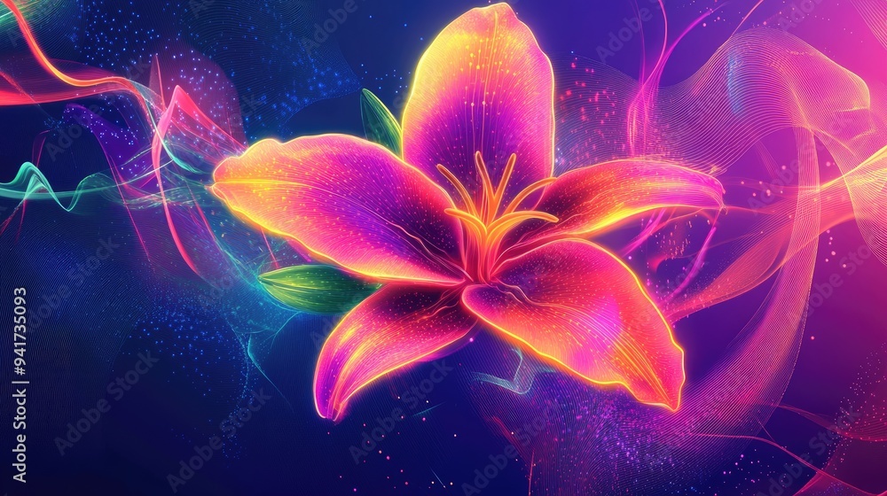 Poster abstract lily with vibrant neon lines and geometric shapes, set against a colorful vector background