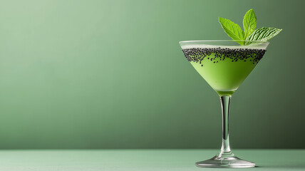 Rare cocktail with black sesame and matcha, creamy texture with layers of green and grey, served in a minimalist glass against a gradient background from soft green to charcoal grey 