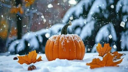 A pumpkin sits in the snow with falling snow and autumn leaves. - Powered by Adobe