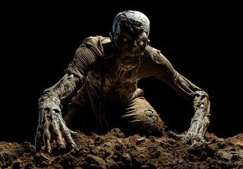 Scary zombie crawling out of the ground. Black background. Undead, creepy monster. Halloween and horror concept.