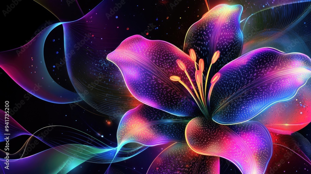 Poster abstract lily with vibrant neon lines and geometric shapes, set against a colorful vector background