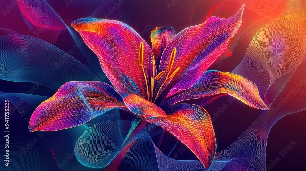 Poster abstract lily with vibrant neon lines and geometric shapes, set against a colorful vector background