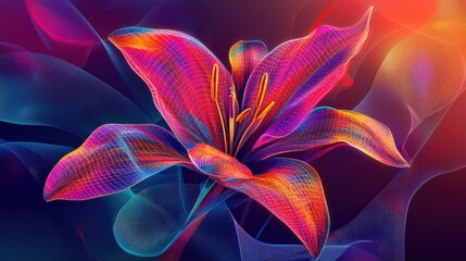 Abstract lily with vibrant neon lines and geometric shapes, set against a colorful vector background, creating a mesmerizing visual effect