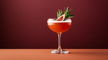 Rare smoked rosemary bourbon cocktail with fig syrup, garnished with a caramelized fig slice and fresh rosemary, deep tones against a gradient background from rich brown to burgundy 