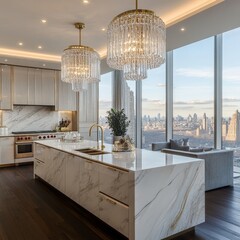 Luxury Kitchen with City View Marble Island Crystal Chandeliers Panoramic Windows and Dark Hardwood Floor