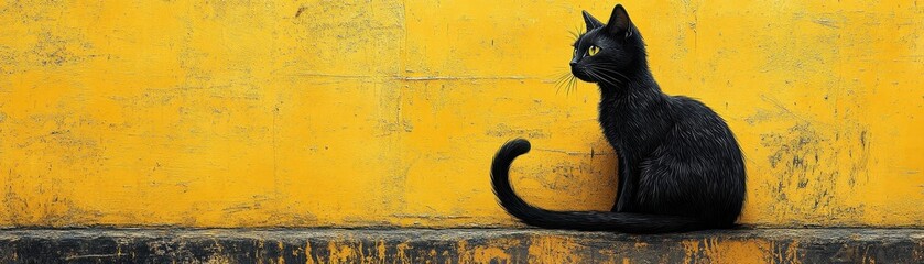 Happy black cat sitting with curled tail on aged yellow background, playful, hand-drawn vintage look