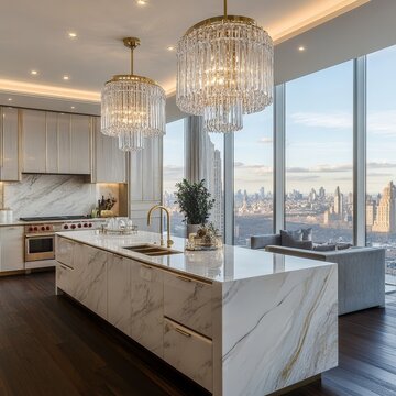 Luxury Kitchen with City View Marble Island Crystal Chandeliers Panoramic Windows and Dark Hardwood Floor