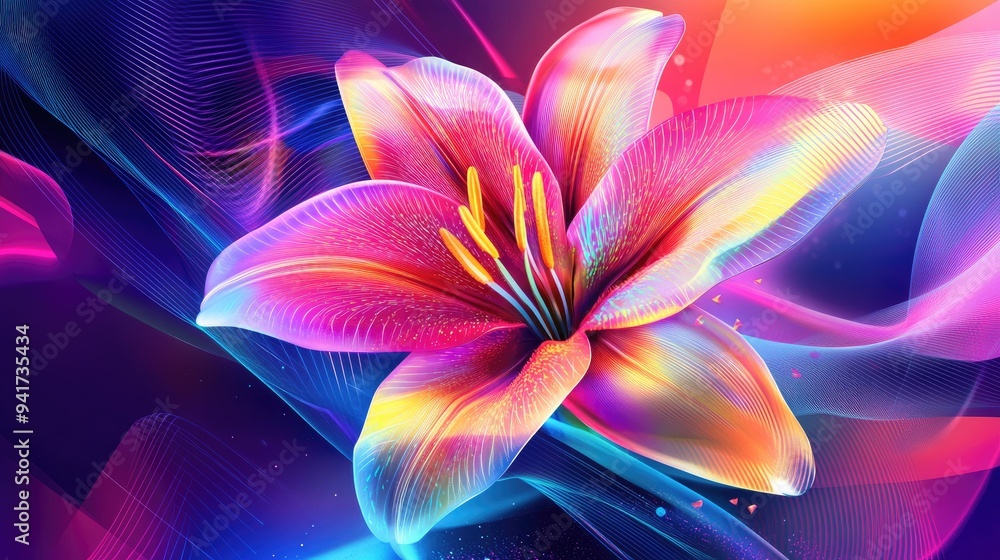 Poster abstract lily with vibrant neon lines and geometric shapes, set against a colorful vector background