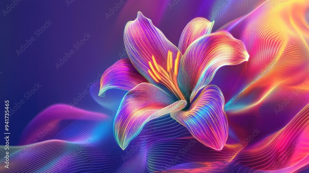 Poster abstract lily with vibrant neon lines and geometric shapes, set against a colorful vector background