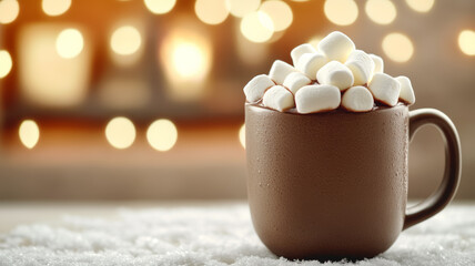 Rich hot cocoa with marshmallows melting on top, served in a rustic mug, winter scene with snow-covered window, warm fireplace glow and soft snowflakes outside 
