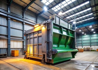 A large, heavy-duty waste compactor stands alone in an industrial setting, its metal body and hydraulic arm gleaming in the bright, overhead lighting.