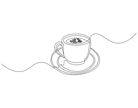 recommend clip art: Continuous one line drawing of cup of coffee with latte art in saucer. One line drawing illustration of cup of coffee. International coffee day concept line art. Editable outline