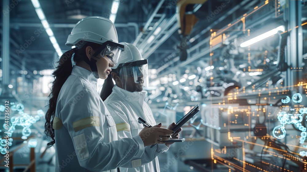 Poster Two engineers in protective gear work on a tablet in a cutting-edge factory, analyzing data and ensuring quality control within an industrious, technologically advanced manufacturing environment.
