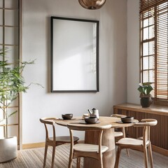 Home Interior in Japanese Style with Frame Mockup in Dining Room - 3D Render