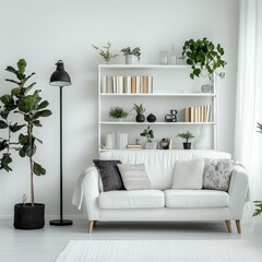 Minimalist Living Room A White Sofa Bookshelf and Plants in a Bright White Room Floor Lamp with a Black Shade