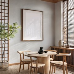 Home Interior in Japanese Style with Frame Mockup in Dining Room - 3D Render