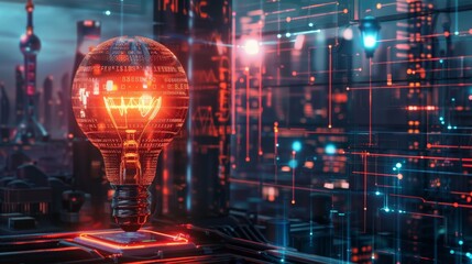 A futuristic light bulb glowing amidst a digital landscape of data and technology.