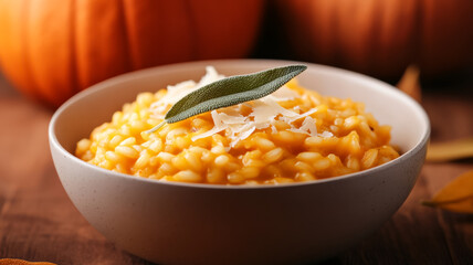 Savory pumpkin risotto topped with Parmesan shavings and sage leaves, warm autumn tones in the background transitioning from soft gold to burnt orange 