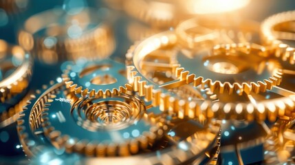 Fototapeta premium Close-up of intricate golden gears creating a stunning mechanical composition, showcasing precision and detail in motion.