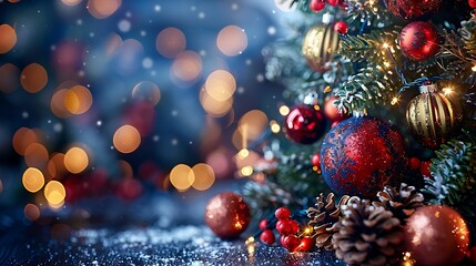 A rustic-themed Christmas tree decorated with wooden ornaments and pinecones, softly glowing with warm lights in a cozy cabin. The scene is filled with natural textures, earthy tones,