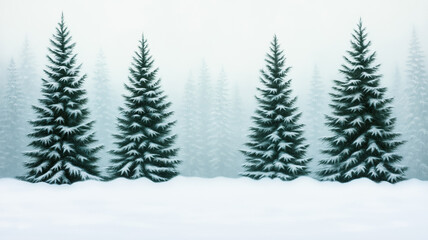 Obraz premium Serene winter woodland with towering evergreens dusted in snow gentle snowfall blanketing the landscape soft, muted colors capturing the peaceful stillness of nature 