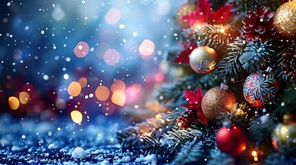 A serene Christmas tree covered in frosted baubles and snowflake ornaments, glowing softly against a backdrop of icy blue lights. The scene evokes the quiet calm of a winter wonderland,