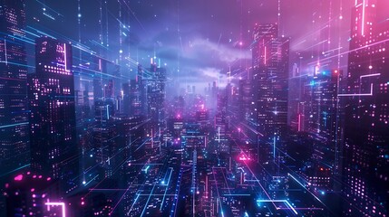 Obraz premium Futuristic Cityscape with Neon Lights and Digital Networks