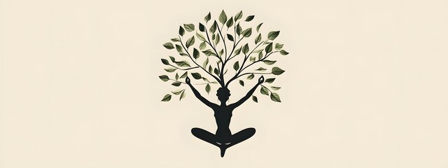  A logo design featuring an illustration of a yoga tree pose, with leaves and branches forming the shape of a person doing the warrior two position