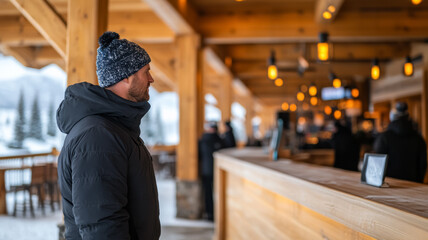 Skilled rental shop workers adjusting ski bindings focused yet friendly helping guests get ready for the slopes wooden beams and cozy lighting enhancing the resort feel 