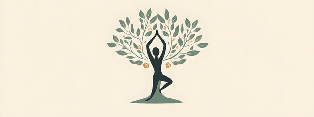  A logo design featuring an illustration of a yoga tree pose, with leaves and branches forming the shape of a person doing the warrior two position
