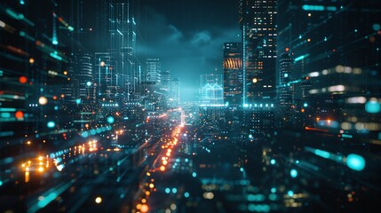 Fototapeta premium Cyberpunk Cityscape with Digital Network Overlay