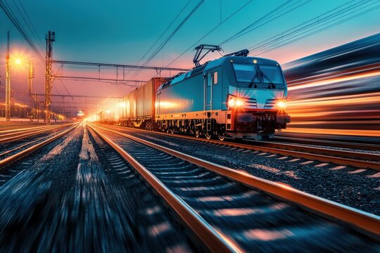 A powerful freight train rapidly moving along railway tracks during an enchanting sunset, symbolizing the fusion of industrial might and natural beauty.