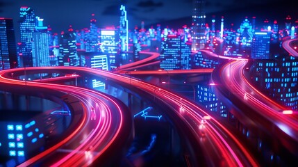 Neon Cityscape with Glowing Highway