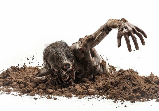 Scary zombie crawling out of the ground. White background. Undead, creepy monster. Halloween and horror concept.