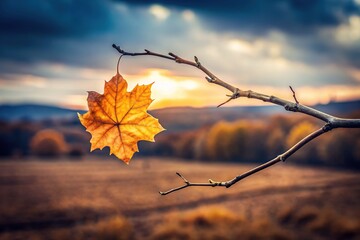 A lone, fragile leaf clings to a barren branch, surrounded by autumn's desolate landscape, conveying a sense of isolation and overwhelming powerlessness.