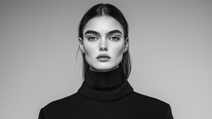 Slim model in layered monochromatic outfit sharp jawline and intense gaze balancing soft and structured elements fashion-forward look on a gradient gray backdrop 