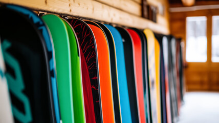 Obraz premium Snowboards neatly organized inside a rental cabin bright and bold patterns wooden interior people selecting gear ready for a day on the slopes crisp winter scene 