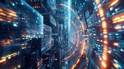 Futuristic Cityscape Tunnel with Glowing Lights