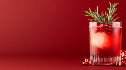 Spiced pomegranate cocktail with gin and tonic, garnished with fresh pomegranate seeds and rosemary, rich colors against a gradient background from dark red to soft gold 