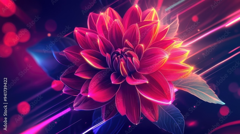 Poster abstract dahlia with bright neon lines and geometric shapes, set against a dynamic vector background
