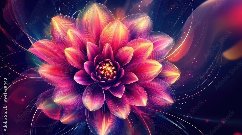 Poster abstract dahlia with bright neon lines and geometric shapes, set against a dynamic vector background