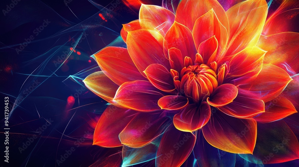 Poster abstract dahlia with bright neon lines and geometric shapes, set against a dynamic vector background