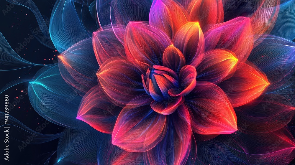 Poster abstract dahlia with bright neon lines and geometric shapes, creating a dynamic and mesmerizing vect