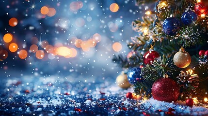 A snow-dusted Christmas tree with icy blue and white baubles, glowing softly in a room filled with cool-toned lights. The setting captures the quiet beauty of a snowy night,