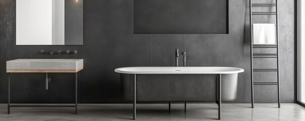 Bathroom with metal fixtures and concrete flooring, raw materials, industrial vibe