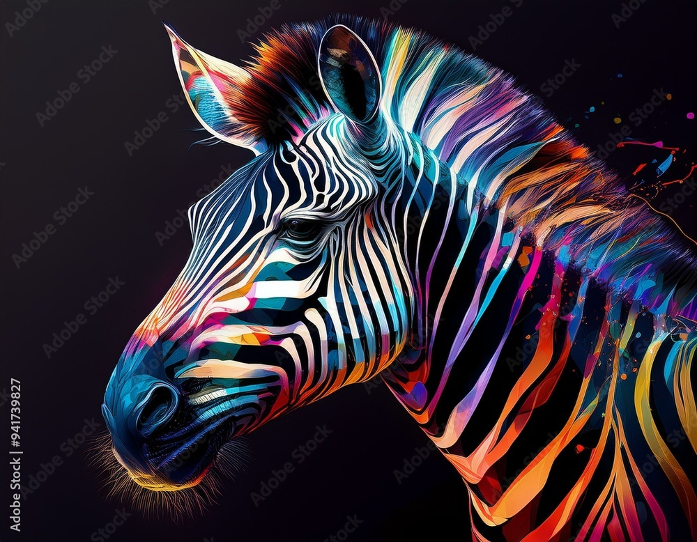 Poster abstract animal zebra portrait with colorful double exposure paint with generative ai