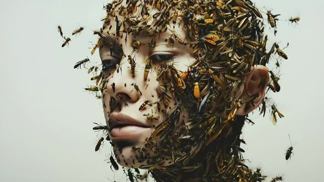 A woman's face covered in insects, a surreal and unsettling image.