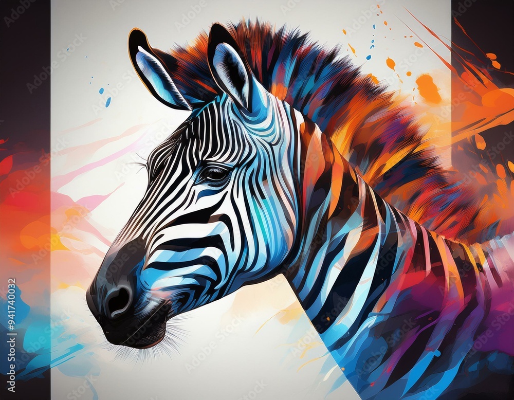 Poster abstract animal zebra portrait with colorful double exposure paint with generative ai
